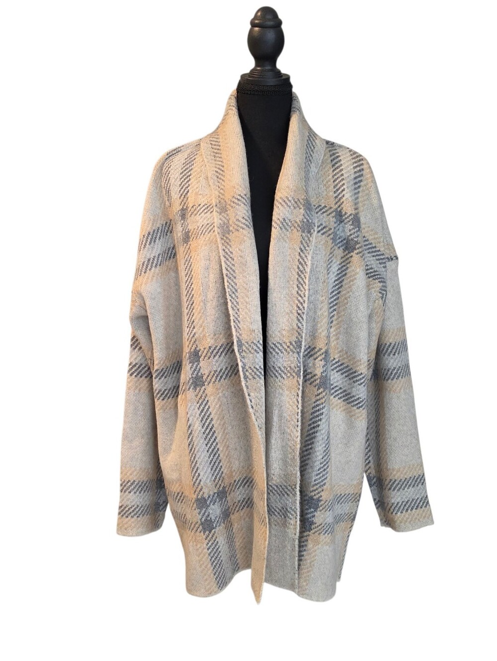 J. Jill Plaid Shawl Collar Cardi Cardigan Sweater Open Front Wool Blend Medium